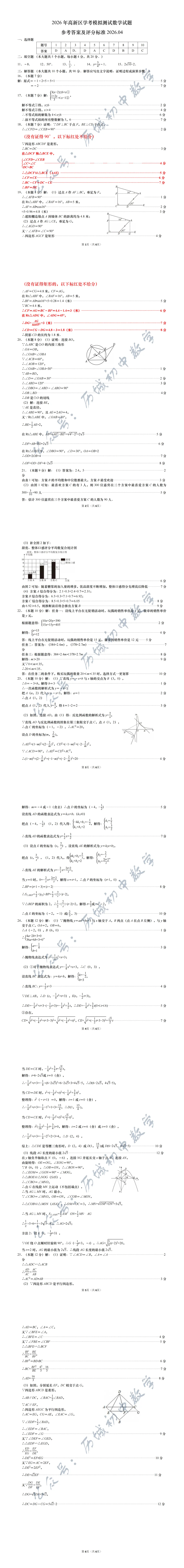 【高新一模】2026.4.10高新中考一模数学答案 第1张