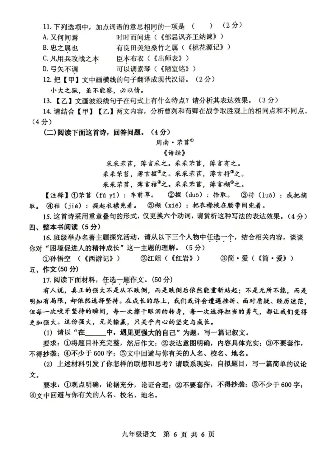 2026年平顶山市中考一模(语文)试卷及答案 第6张