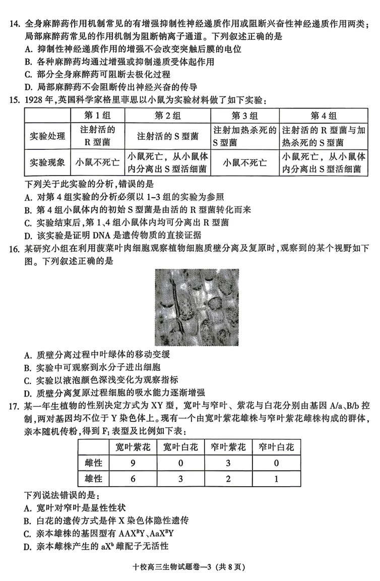 2026年4月金华十校二模高三生物试卷、答案和解析 第5张