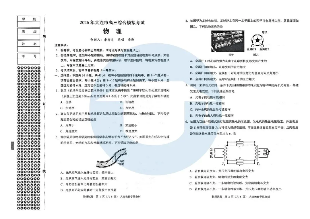 2026大连市高三综合模拟考试——物理 第2张 2026大连市高三综合模拟考试——物理 第2张