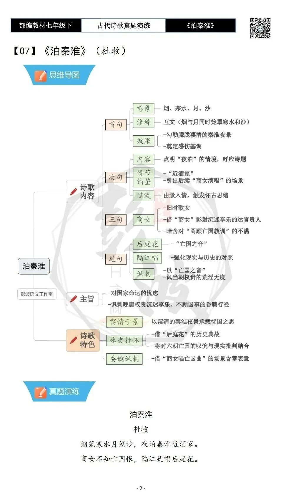 【古诗文真题演练复习】七年级下-11《泊秦淮》思维导图+对比阅读(1元) 第6张