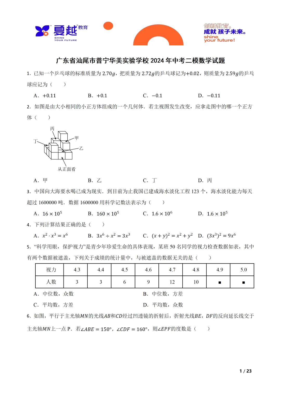 广东省汕尾市普宁华美实验学校2024年中考二模数学试题 第1张