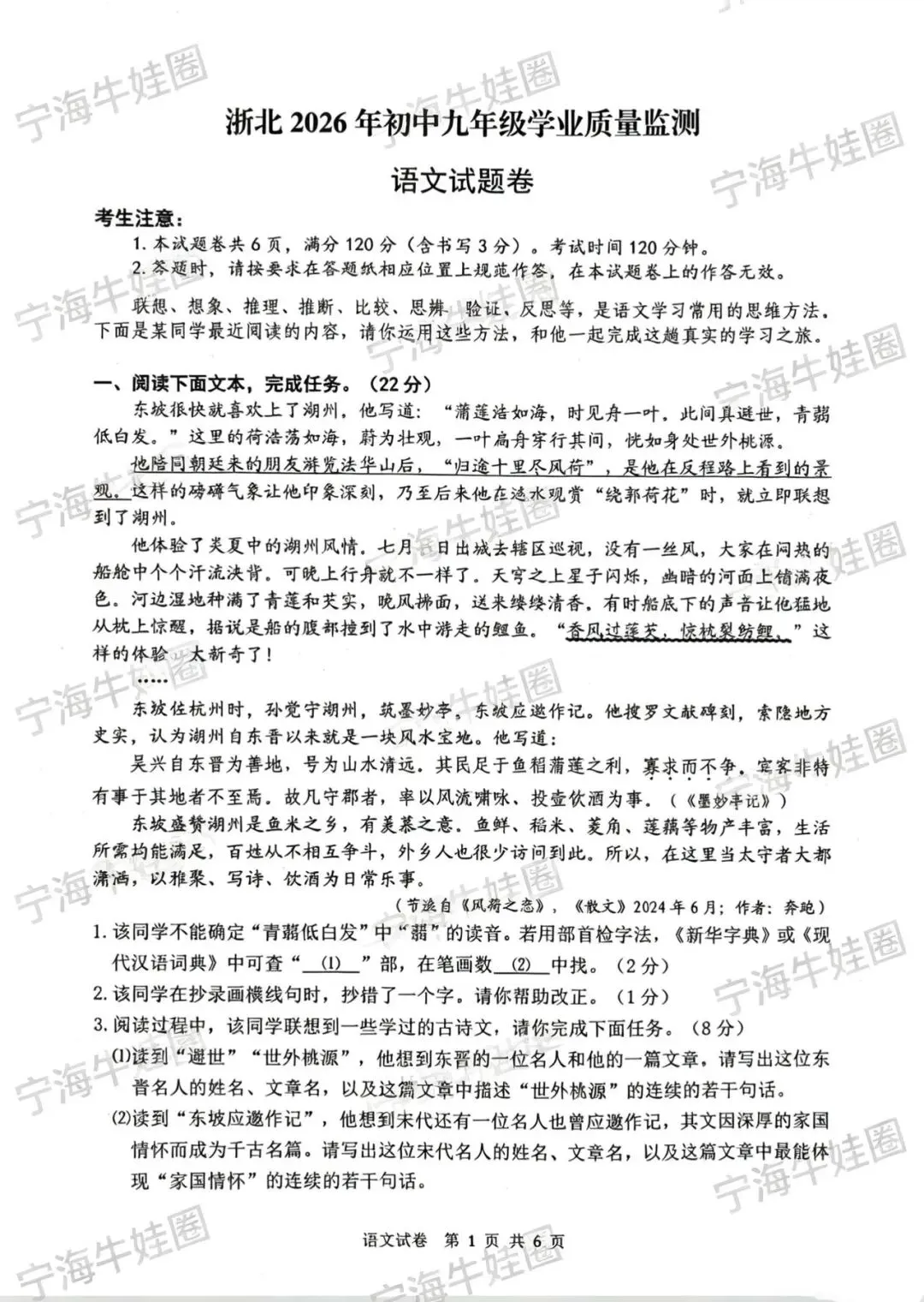 浙江最新语文中考(浙北)模拟卷 第1张