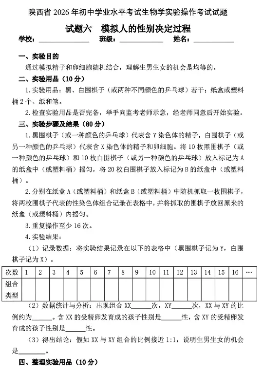 2026陕西中考物理、化学、生物实验操作试题及评分细则! 第24张 2026陕西中考物理、化学、生物实验操作试题及评分细则! 第24张