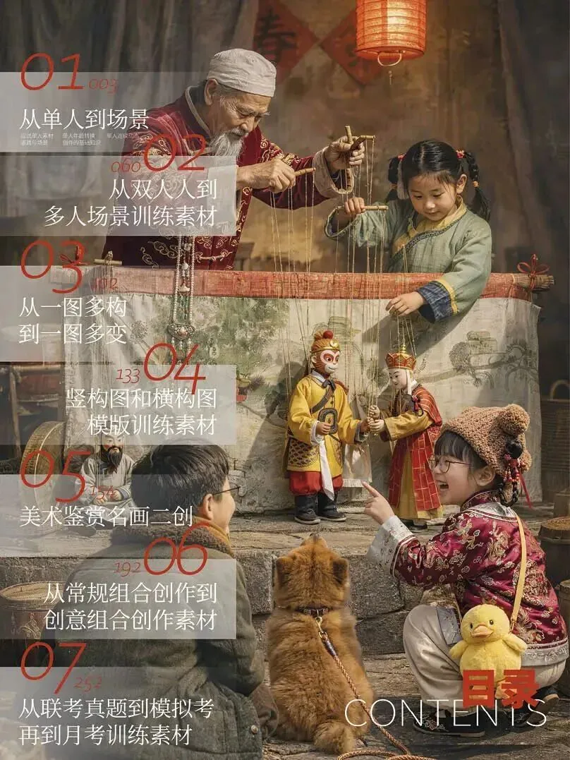 《金榜题名-速写考题创作》从考试题型出发,涵盖改革单人到多人场景、美术鉴赏二创、模板套题、一题多解、创意速写、真题与考月考. 第3张