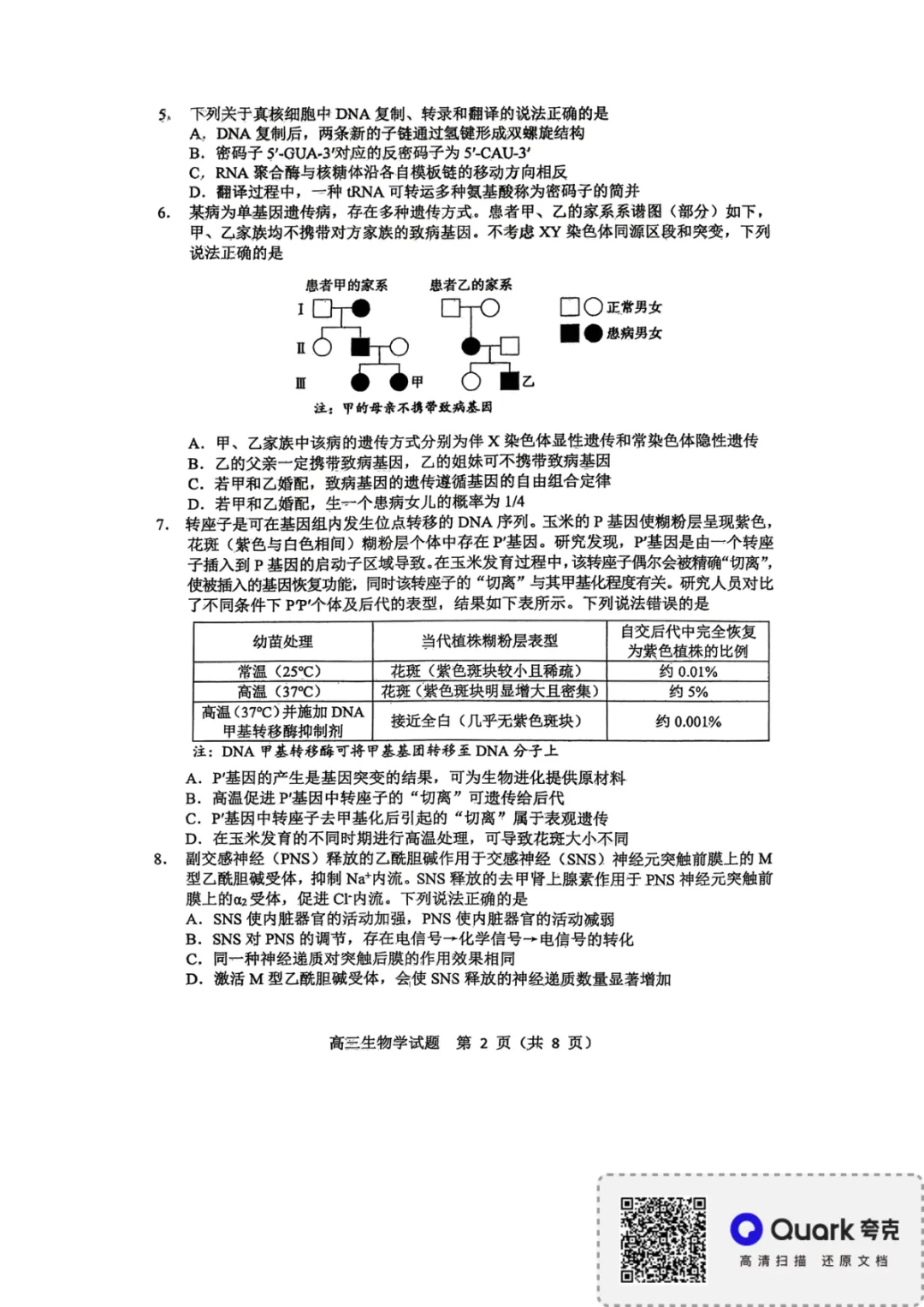 【淄博市2025-2026学年度高三模拟考试 生物 第3张