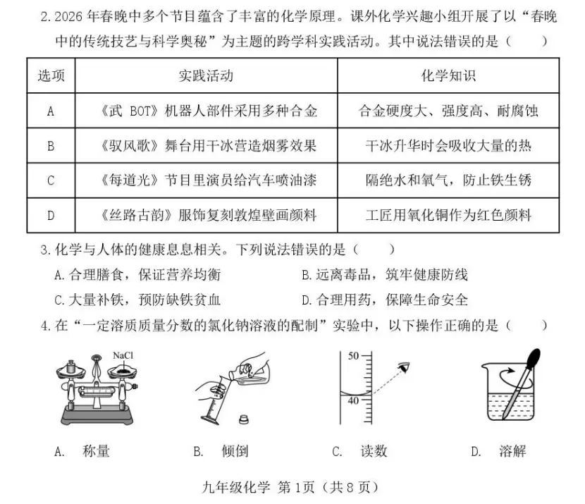 2026年中考模拟考试化学试题10 第2张