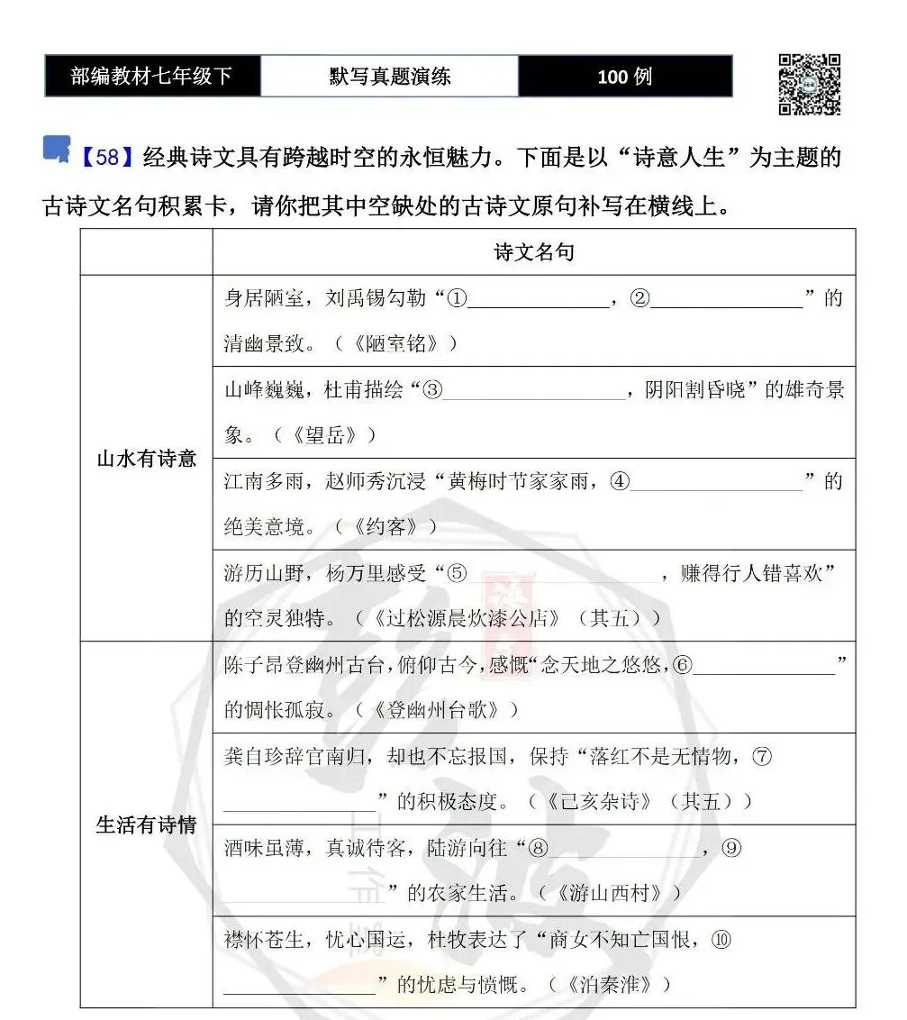 【古诗文真题演练复习】七年级下-12理解性默写(88套)(15元) 第34张