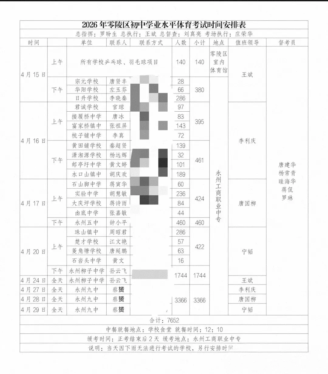 2026年零陵区中考体育时间安排表 第2张