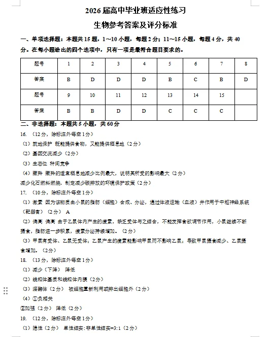 2026年4月漳州市省检生物试卷与答案 第7张