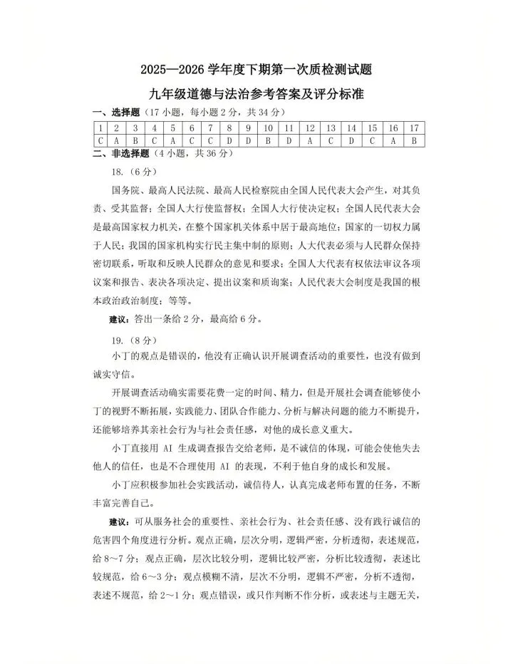 《高质量试卷》2026泌阳一模道法试卷及答案 第7张