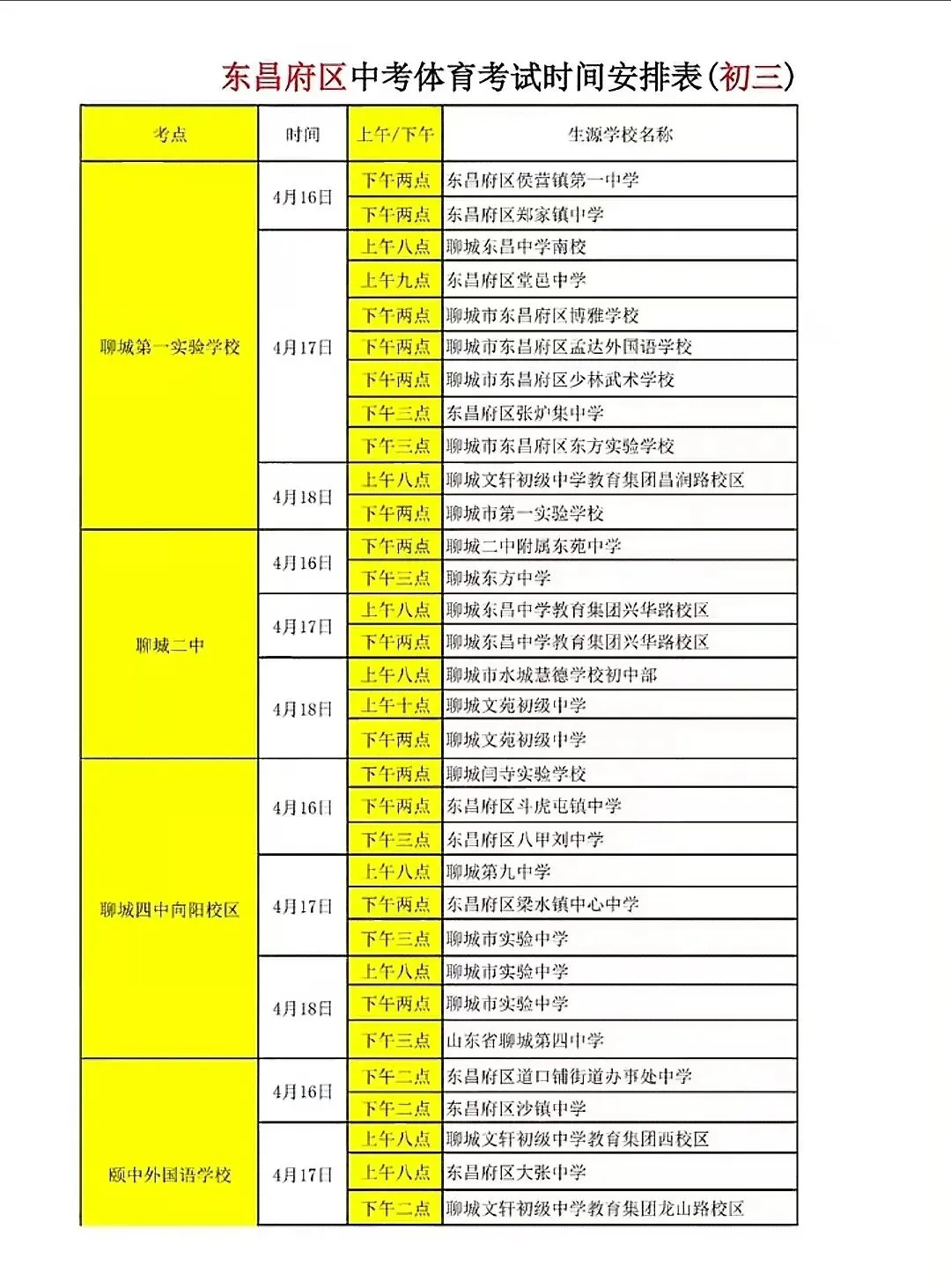 2026聊城东昌府区中考体育考试各学校考试时间及地点安排! 第1张
