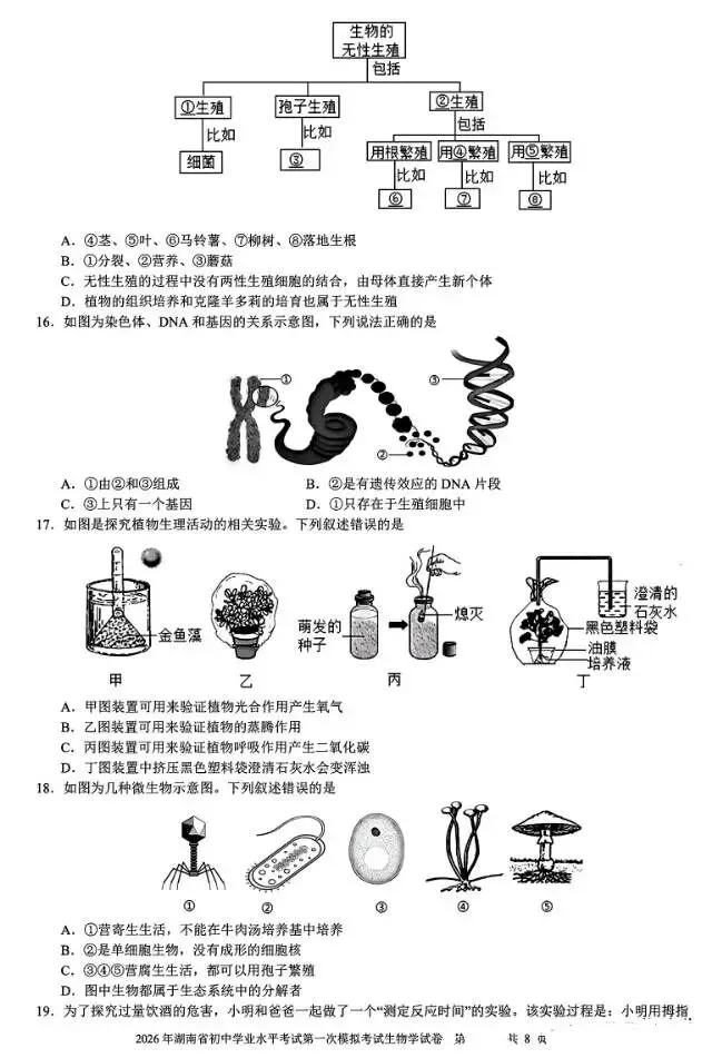 2026届湖南省初中学业水平考试第一次模拟考试(生物) 第3张