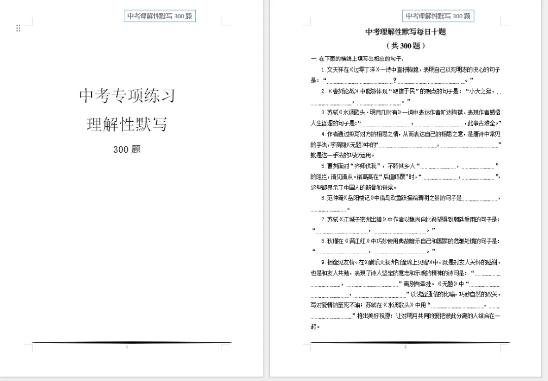 中考理解性默写每日十题(300道理解性默写)96页 第1张