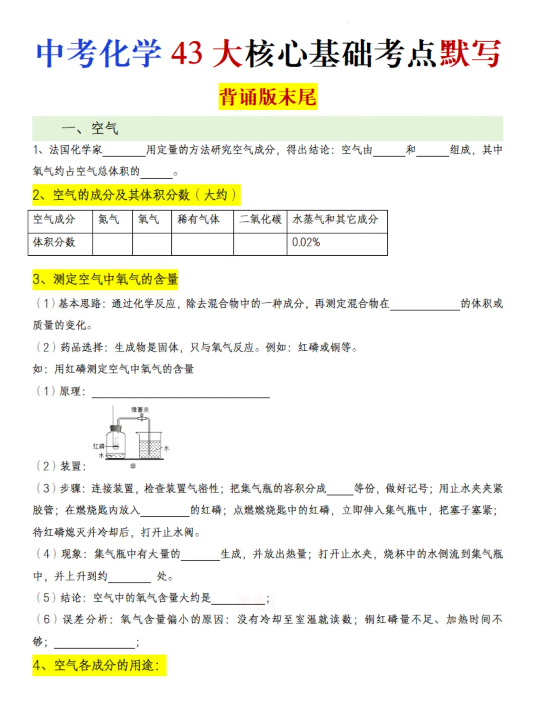 26年中考化学全册夯基43大考点(背诵+默写) 第1张