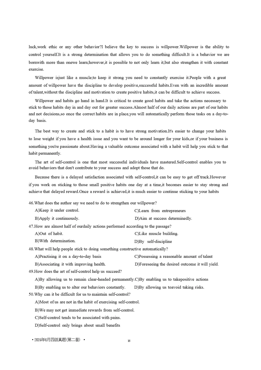 2017到2025年英语四级真题完整版可打印 第369张