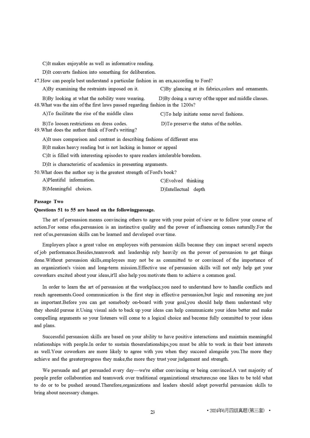 2017到2025年英语四级真题完整版可打印 第376张