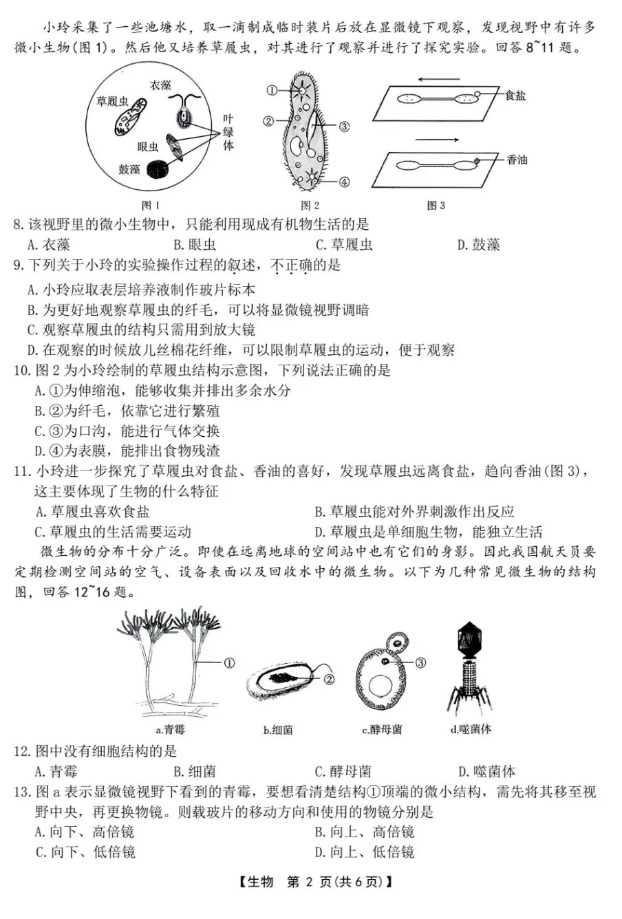 最新人教版初中生物中考复习托底练习01(七上全册)+参考答案 第3张