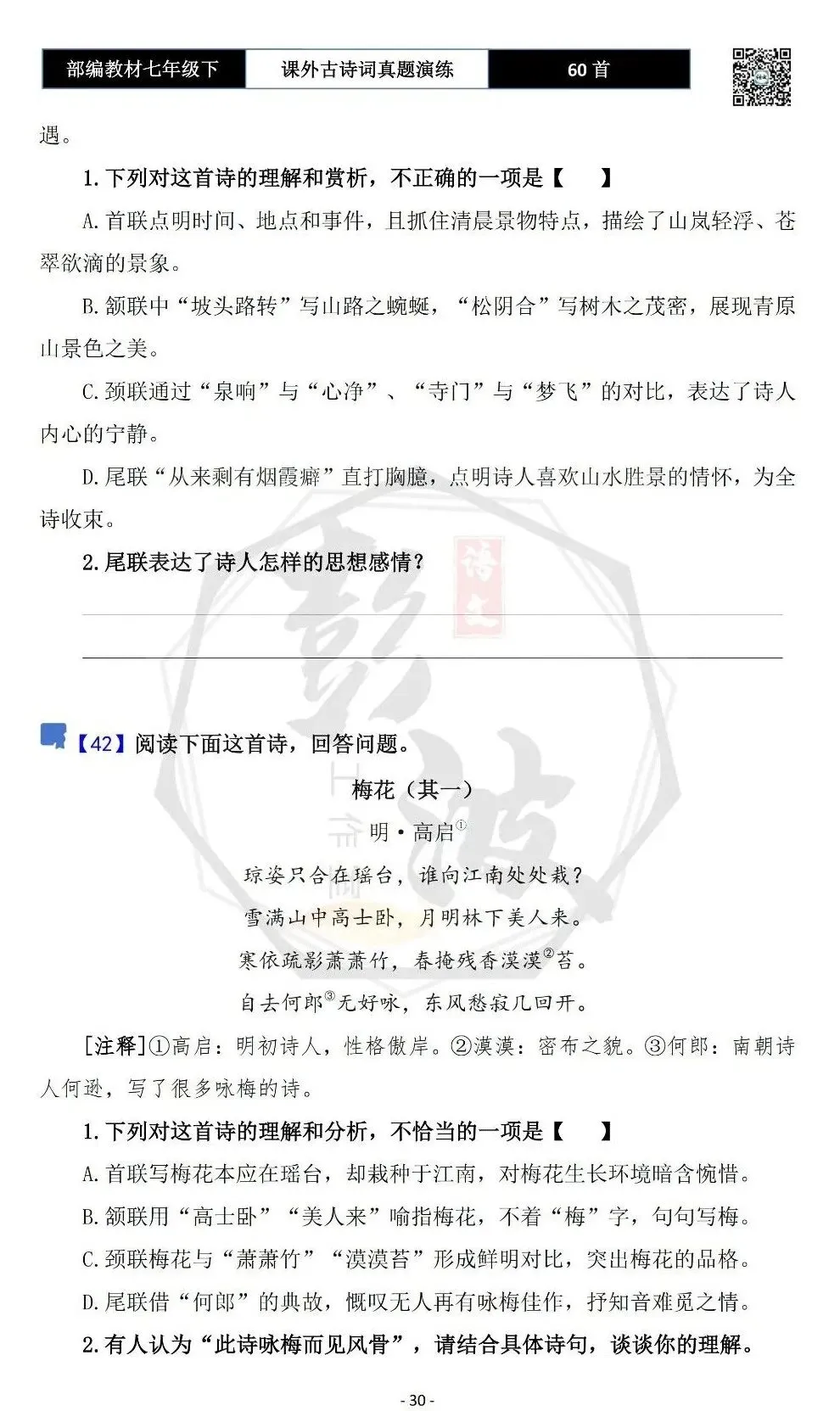 【古诗文真题演练复习】七年级下-13课外古诗词60套(20元) 第33张