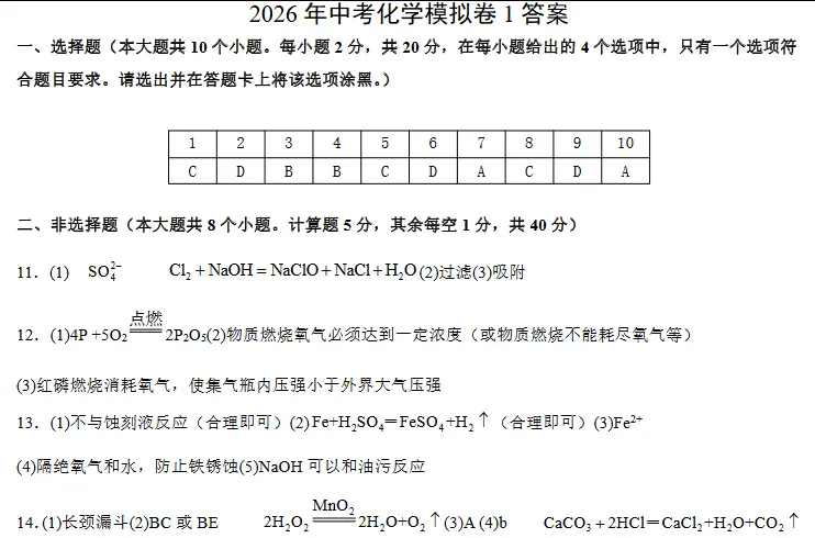 中考化学 | 2026河北省中考模拟卷一含答案 第11张