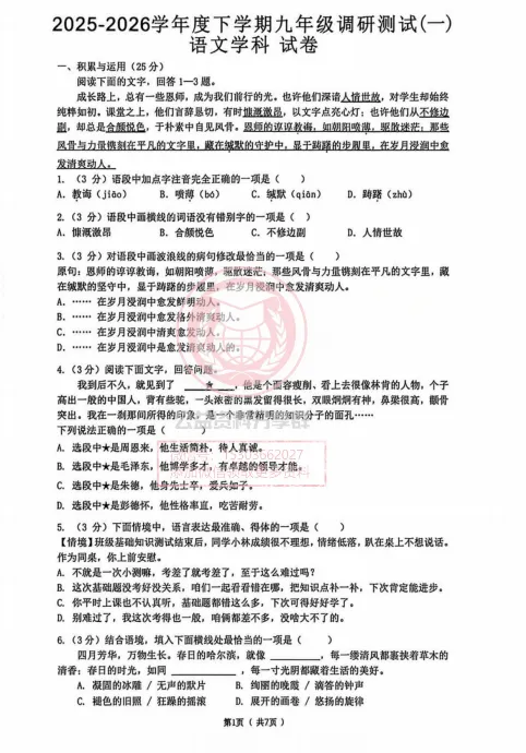 【九下】2026年道里区一模语文试卷及答案4.13 第3张