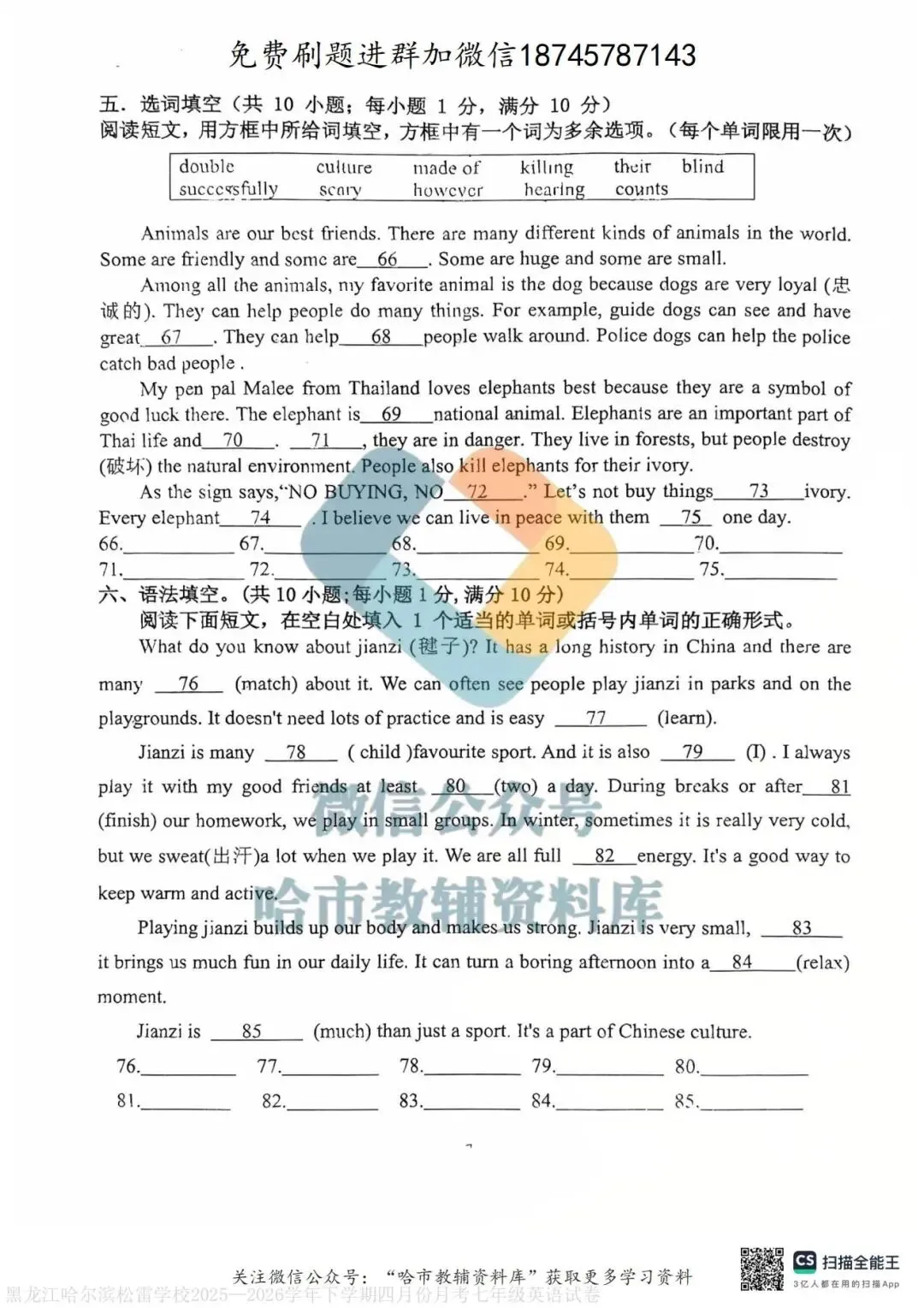 2026松雷中学七年级下英语4月月考试卷及答案 第8张