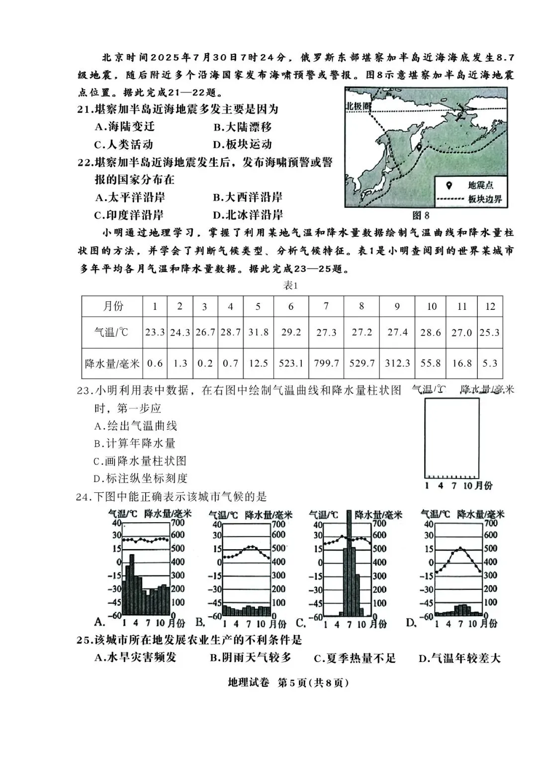 2026年河北省初中学业摸底考试地理试卷 第5张