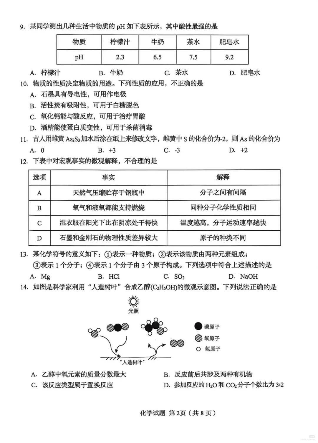 2026青岛一模化学试卷(市南区) 第2张
