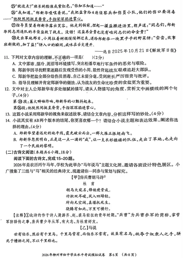 2026年柳州市初中学业水平考试模拟试卷-语文(初三中考市一模) 第8张