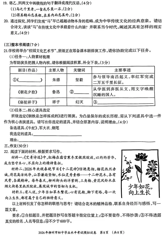 2026年柳州市初中学业水平考试模拟试卷-语文(初三中考市一模) 第10张