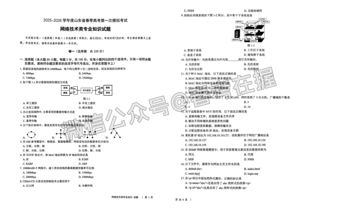 2026年春考第一次模拟考试网络技术类专业理论知识试题 第2张 2026年春考第一次模拟考试网络技术类专业理论知识试题 第2张