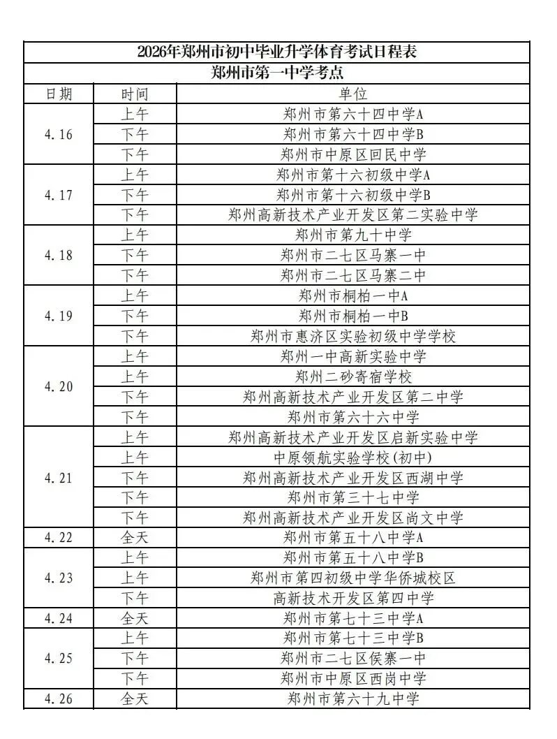 2026郑州市区【中考体育】测试日程和考点安排! 第3张