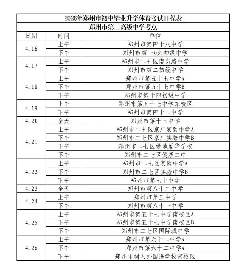 2026郑州市区【中考体育】测试日程和考点安排! 第5张