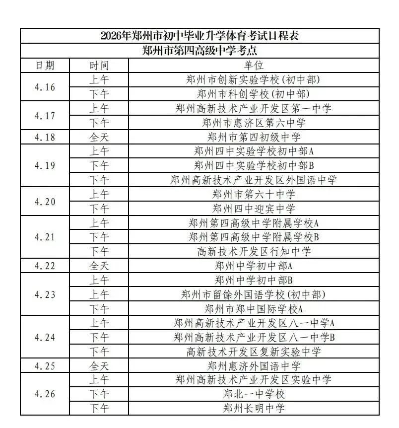 2026郑州市区【中考体育】测试日程和考点安排! 第7张
