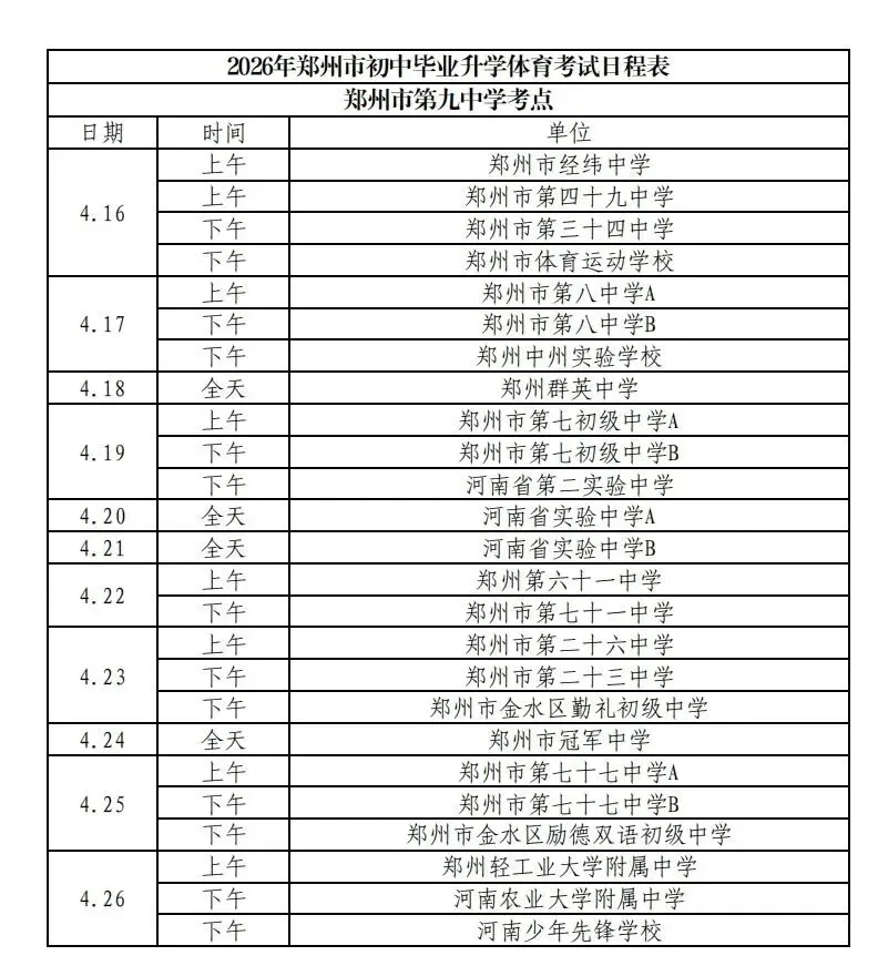 2026郑州市区【中考体育】测试日程和考点安排! 第9张