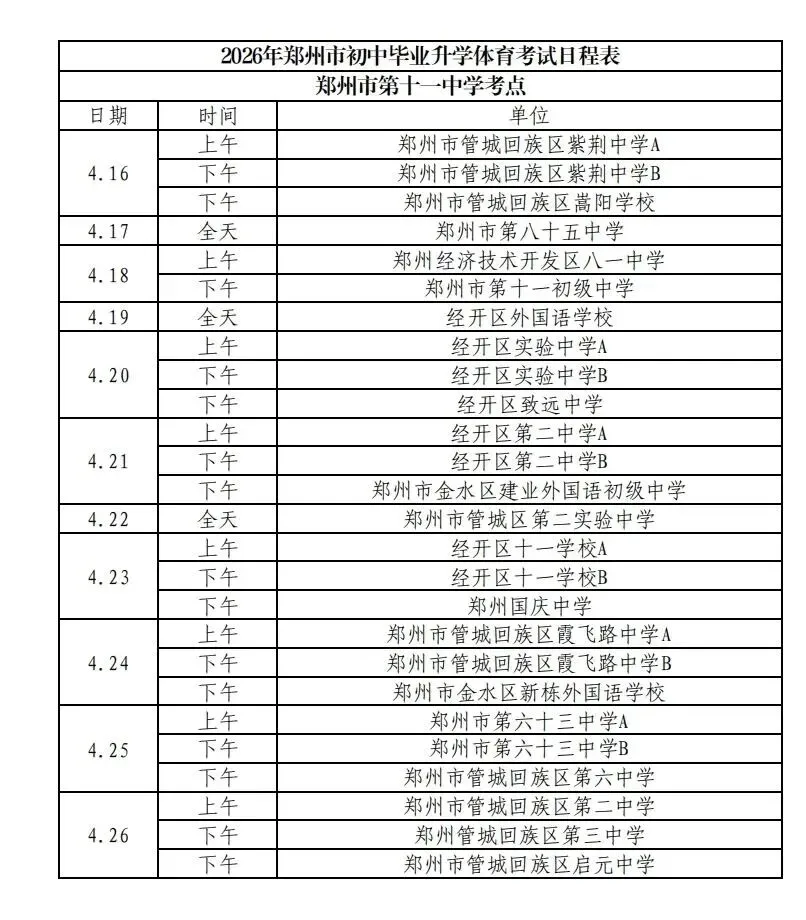 2026郑州市区【中考体育】测试日程和考点安排! 第11张