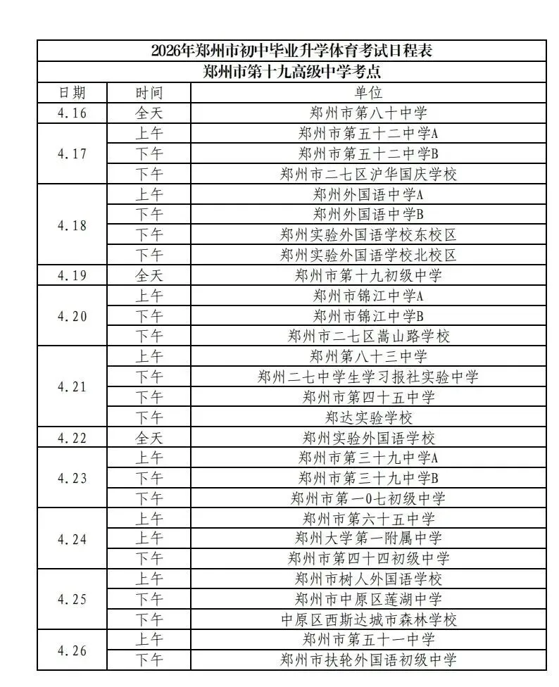 2026郑州市区【中考体育】测试日程和考点安排! 第13张
