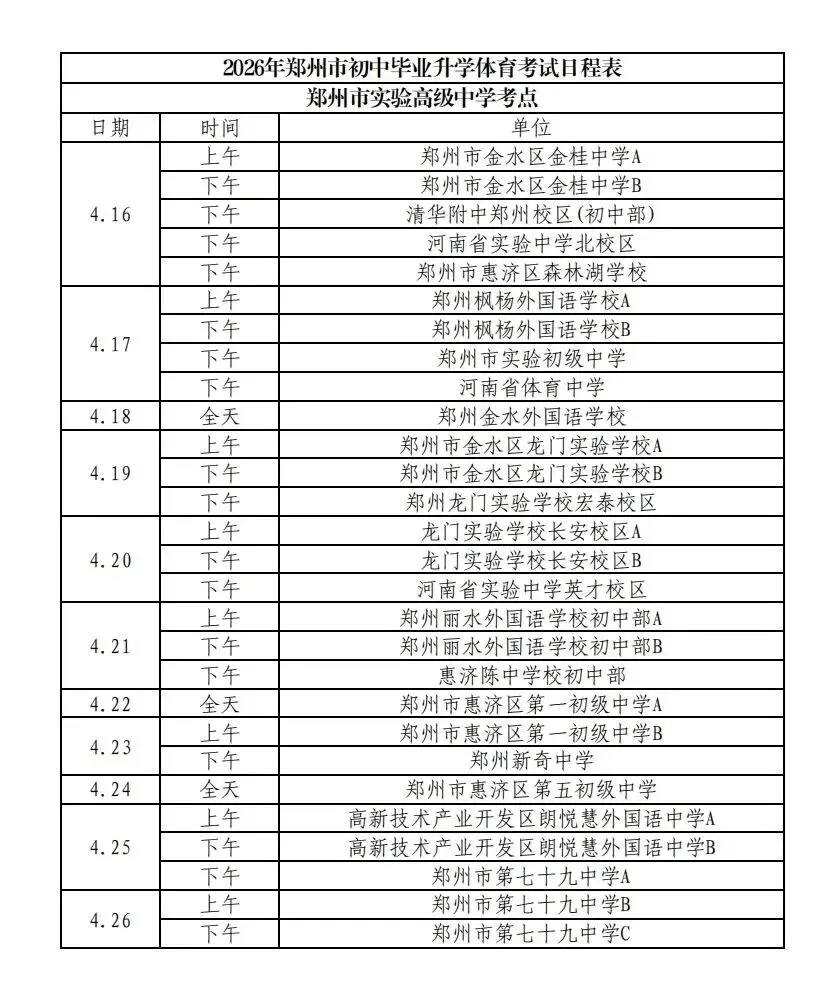 2026郑州市区【中考体育】测试日程和考点安排! 第15张