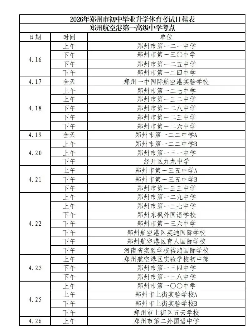 2026郑州市区【中考体育】测试日程和考点安排! 第17张