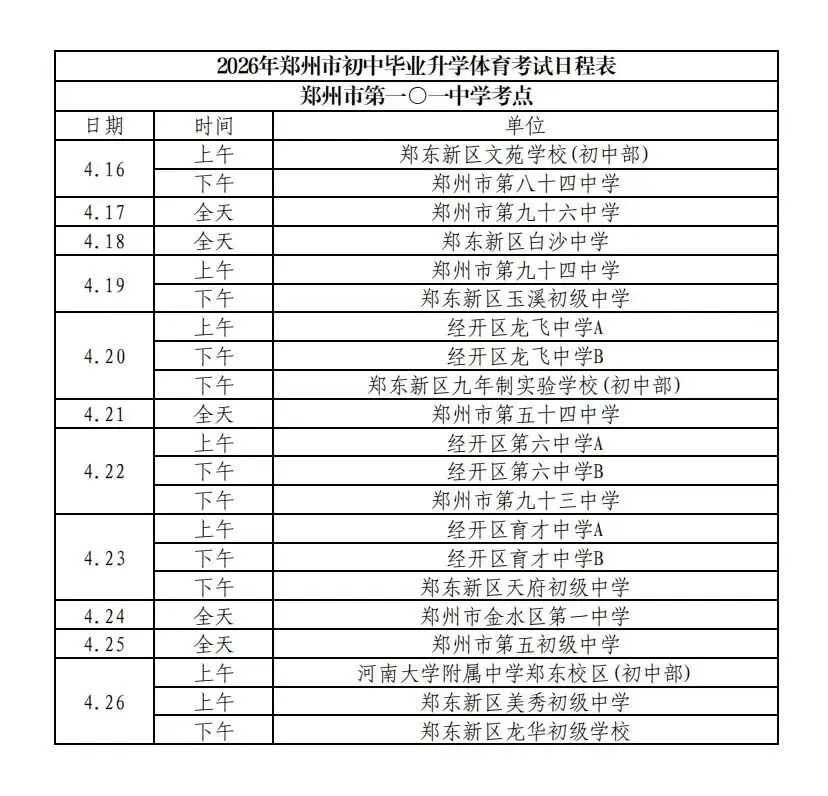 2026郑州市区【中考体育】测试日程和考点安排! 第19张