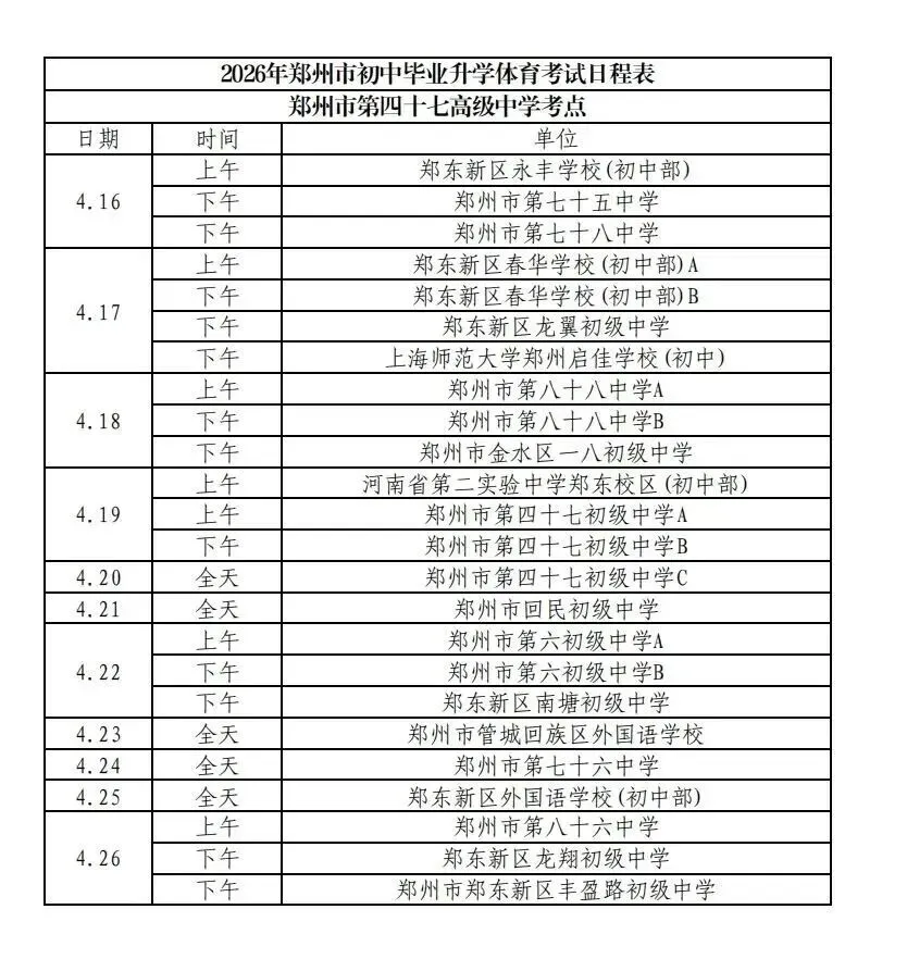 2026郑州市区【中考体育】测试日程和考点安排! 第21张