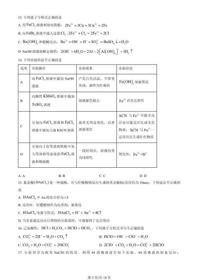 2025北京东城高一上册期末化学试卷(有答案)【可下载】 第3张