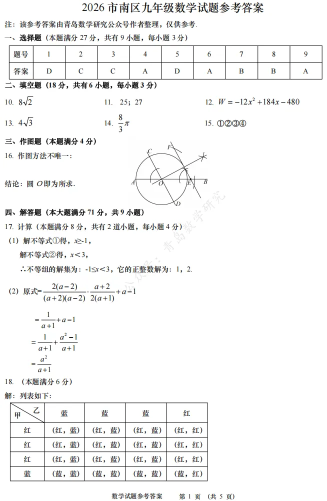 2026市南区中考一模数学试题及参考答案 第11张