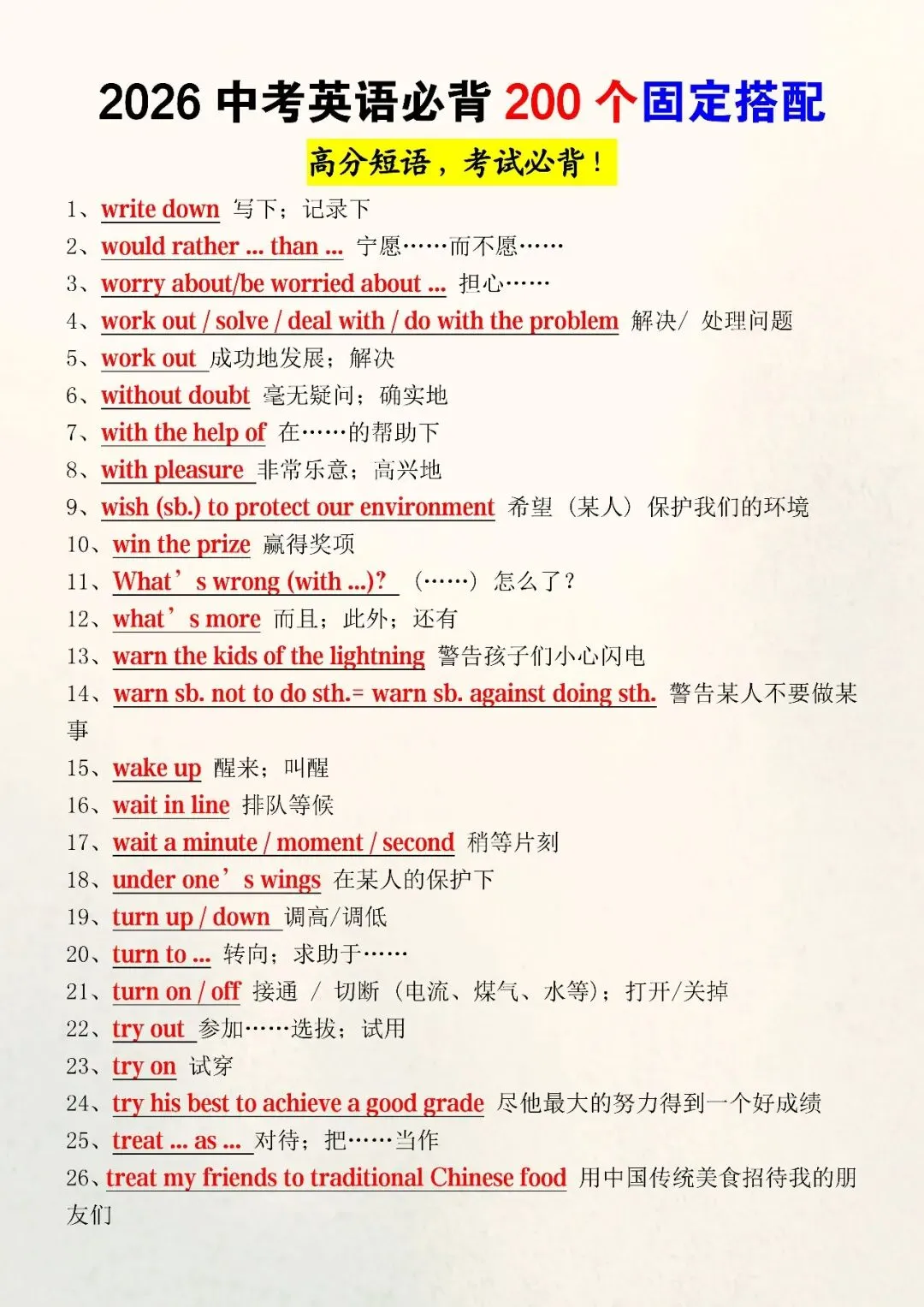 2026中考英语必背200个固定搭配(可打印)高分短语,考试必背! 第4张