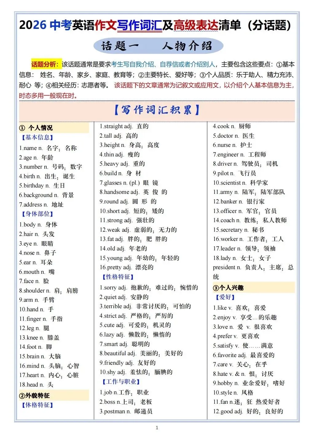 2026春新中考《英语》作文写作及高级表达清单,共14个话题,电子版可打印! 第2张