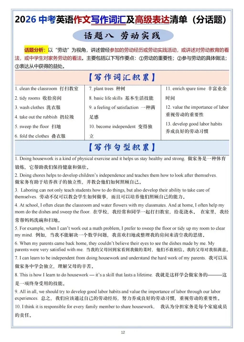 2026春新中考《英语》作文写作及高级表达清单,共14个话题,电子版可打印! 第13张
