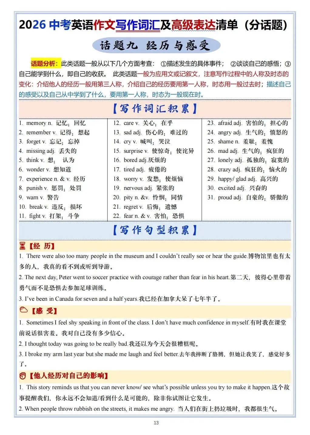 2026春新中考《英语》作文写作及高级表达清单,共14个话题,电子版可打印! 第14张