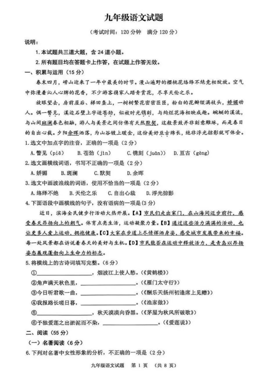 2026青岛中考一模丨市南全科、市北语文、崂山语文试题(各区一模试题持续更新中…) 第12张