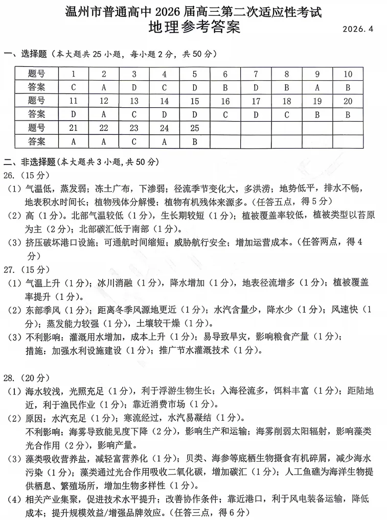 温州二模高三地理试卷及答案 第5张