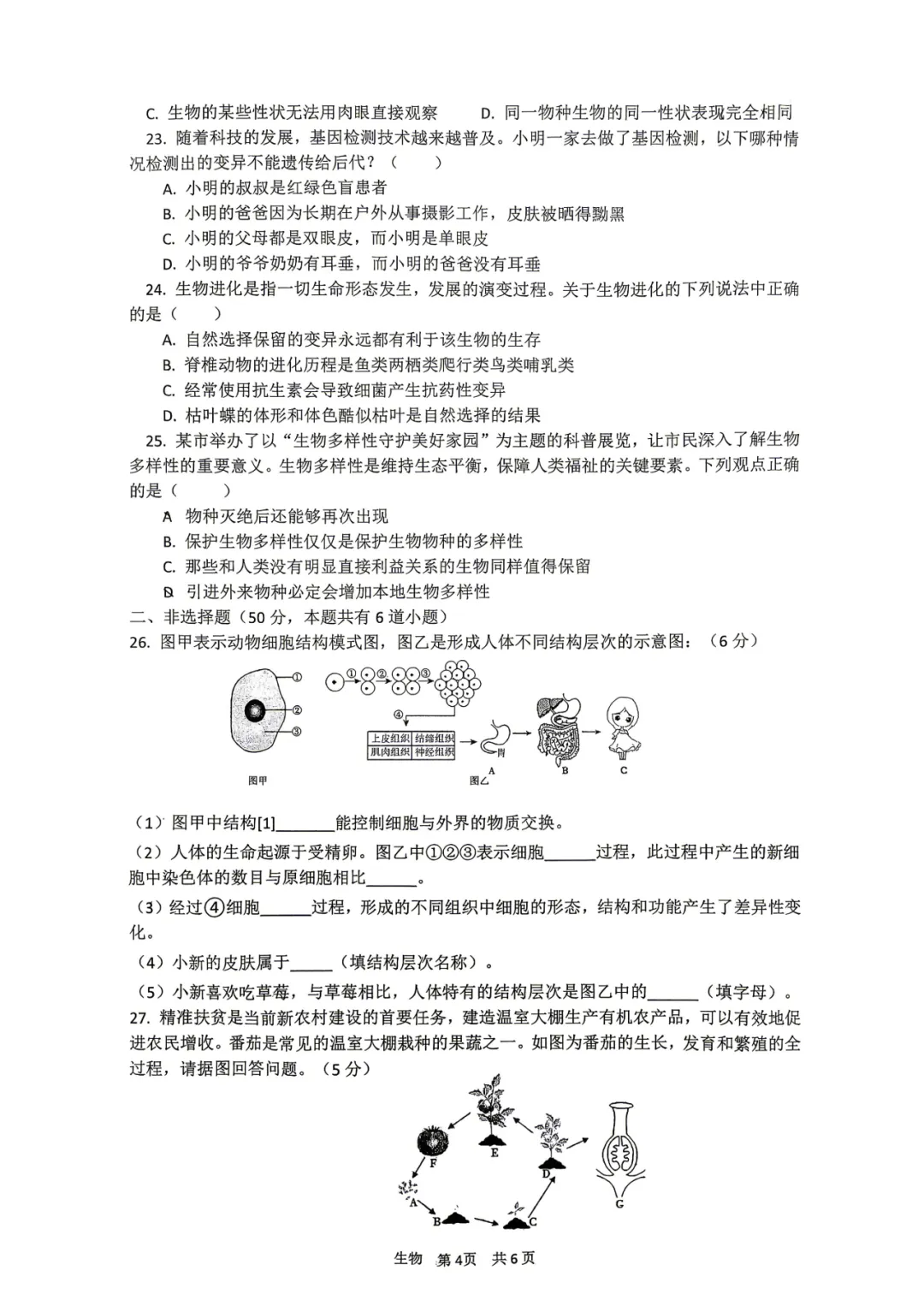 复习练手 ︳2026年湖南省初中学业水平考试模拟试卷生物学 (四)+答案 第4张 复习练手 ︳2026年湖南省初中学业水平考试模拟试卷生物学 (四)+答案 第4张